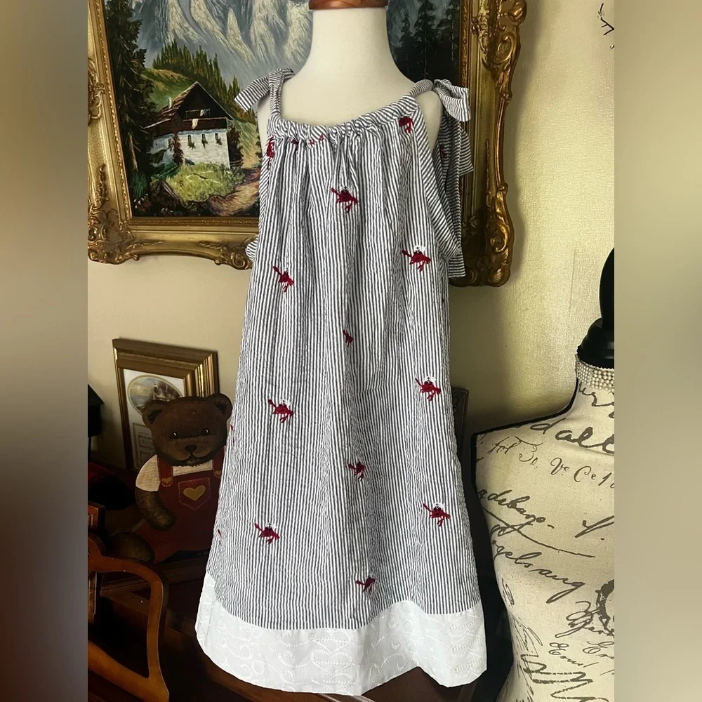 ❤️ Girls Handmade Sleeveless Crab Striped Dress Lace Heart Trim
